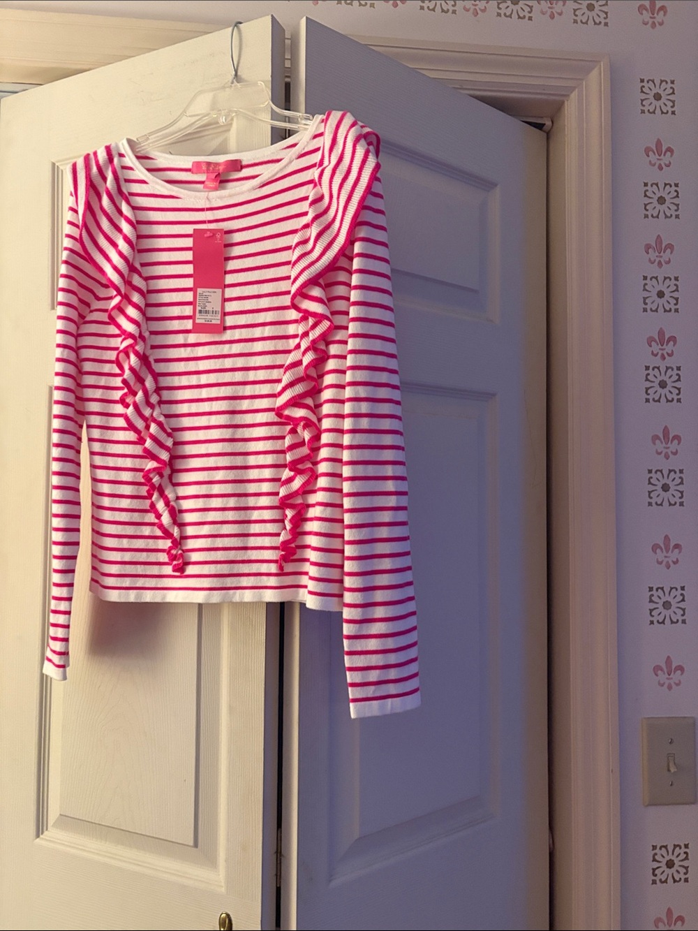 Lilly Pulitzer Pink and White Striped Ruffle Long-Sleeve Tee